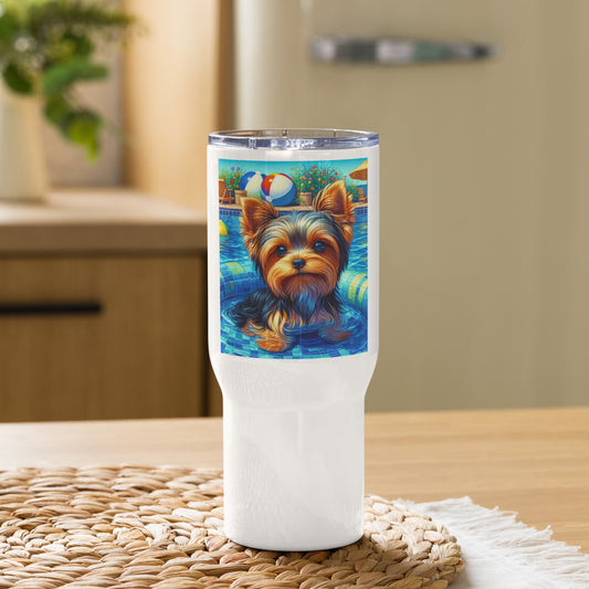 Yorkie in pool Travel mug with a handle