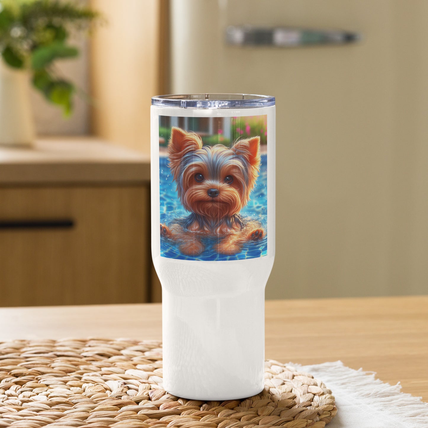 Yorkie in the pool Travel mug with a handle