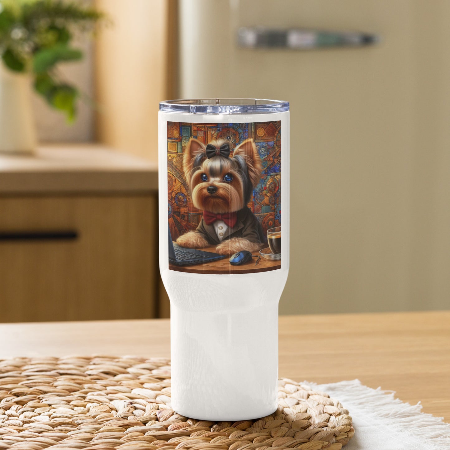 Yorkie at work Travel mug with a handle