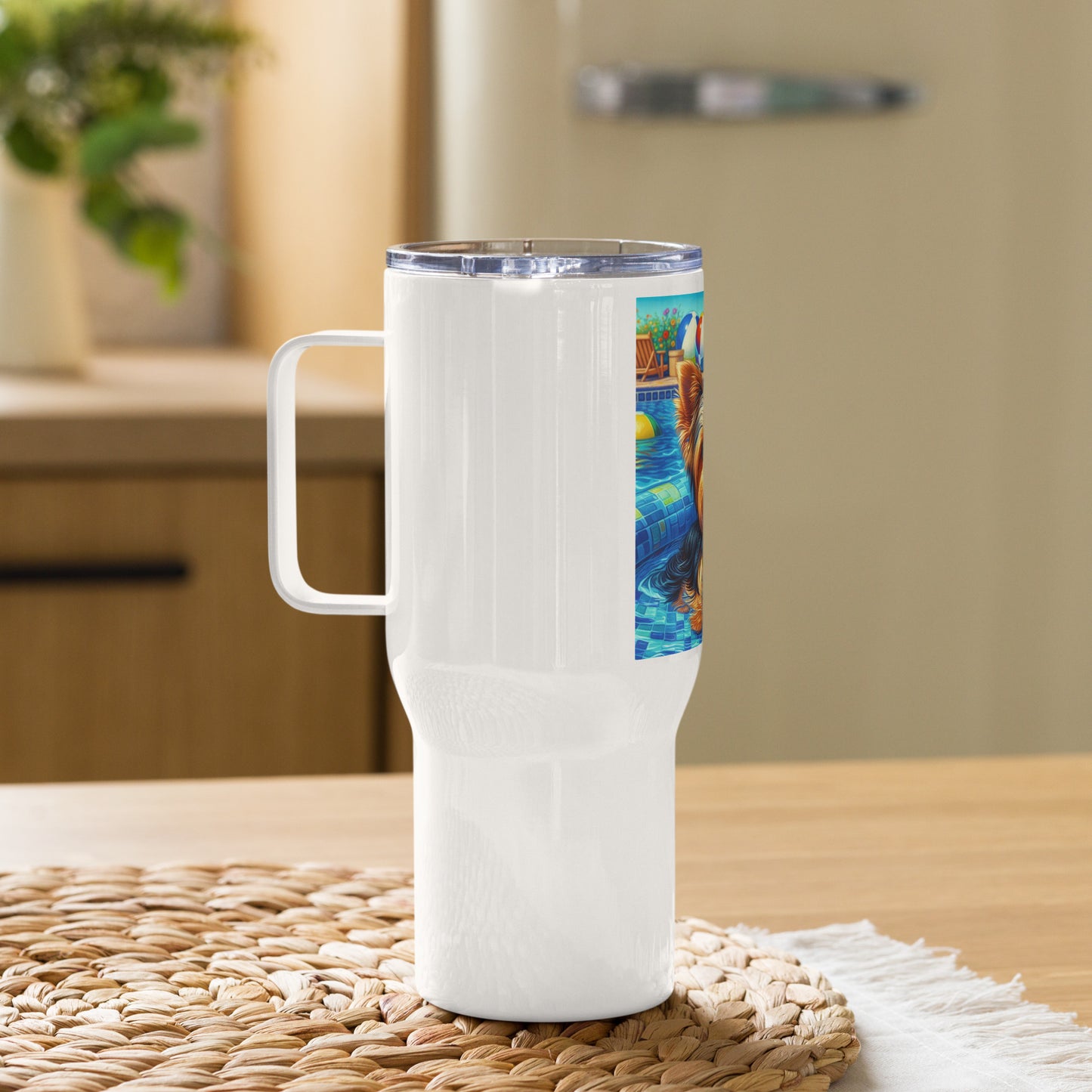 Yorkie in pool Travel mug with a handle