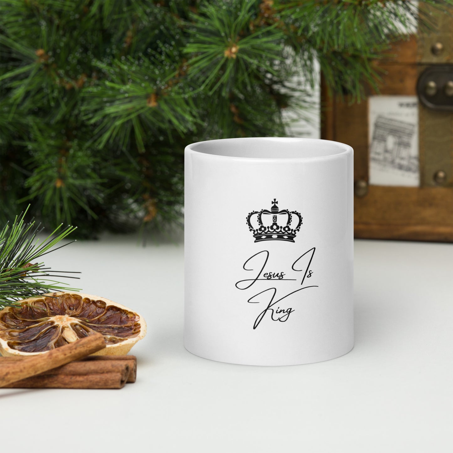 Jesus is King White glossy mug